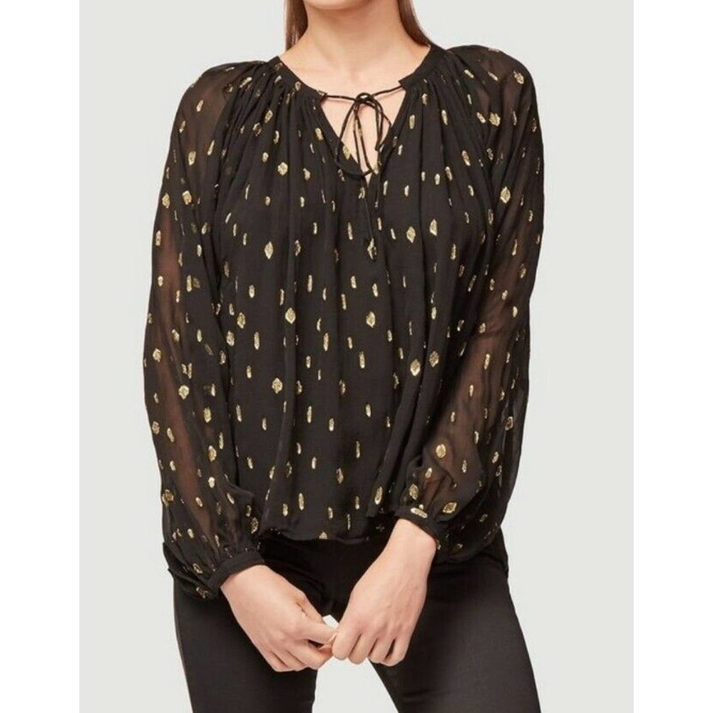 FRAME Denim Peasant Blouse Sz XS Black Metallic Gold Sheer Long Sleeves (f